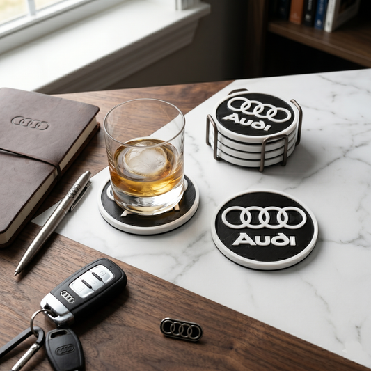 Audi Custom 3D Logo Coaster – Personalized Black & White Stealth Edition