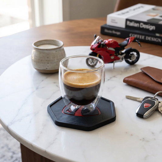 Ducati 3D Hexagonal Coaster – Black & Rosso Red Stealth Edition
