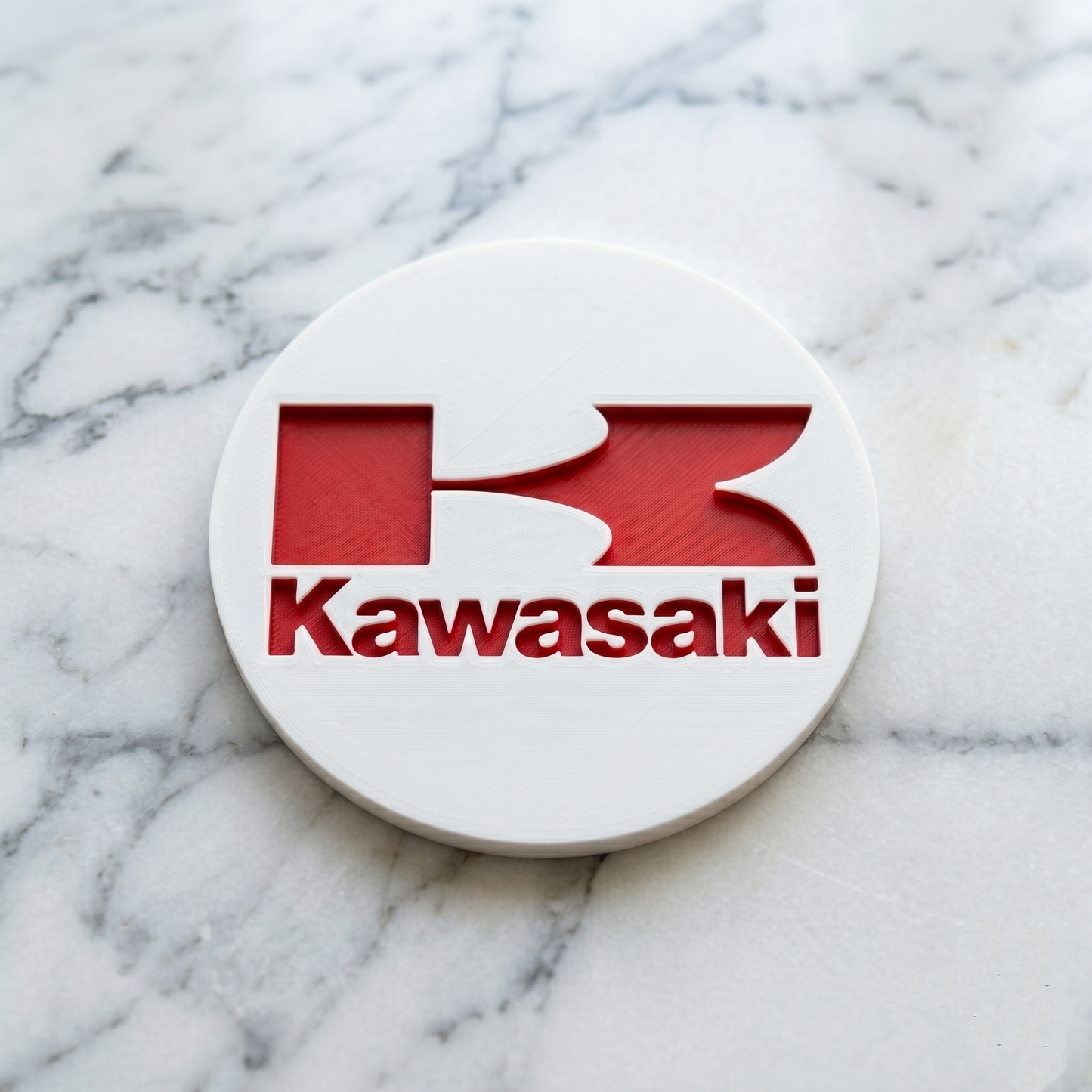 Kawasaki Custom 3D Logo Coaster – Personalized Pearl White & Racing Red