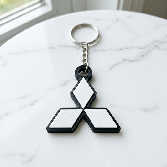Mitsubishi 3D Diamond Logo Keychain – Stealth White & Black Edition
