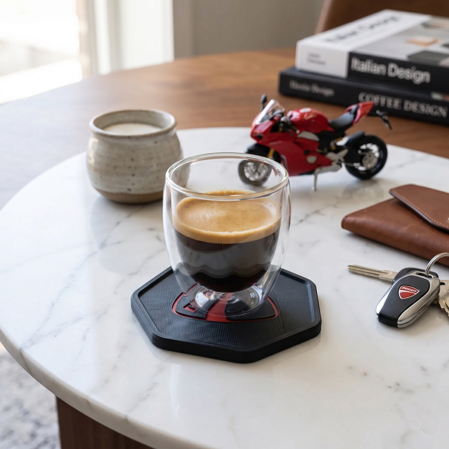 Ducati 3D Hexagonal Coaster – Black & Rosso Red Stealth Edition