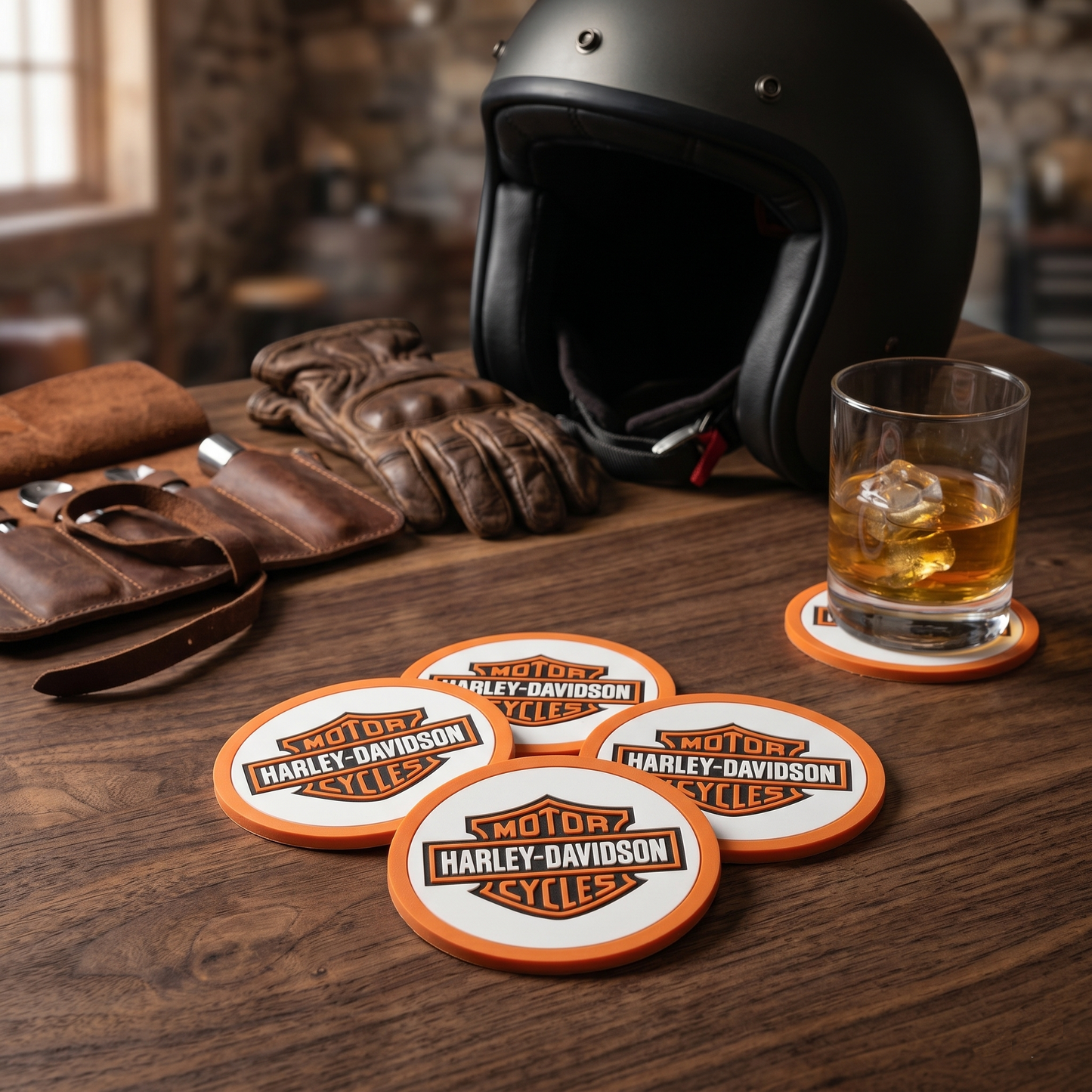 Harley-Davidson Coaster Set – Iconic Orange & White