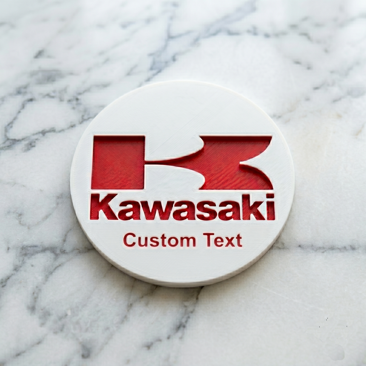Kawasaki Custom 3D Logo Coaster – Personalized Pearl White & Racing Red