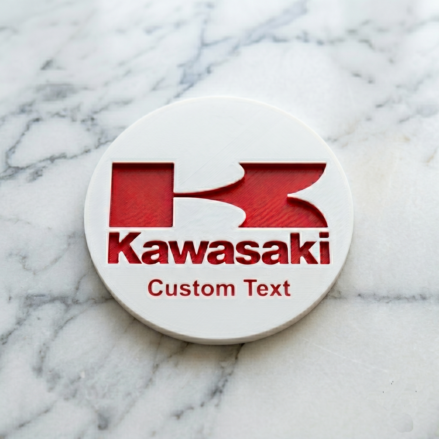 Kawasaki Custom 3D Logo Coaster – Personalized Pearl White & Racing Red