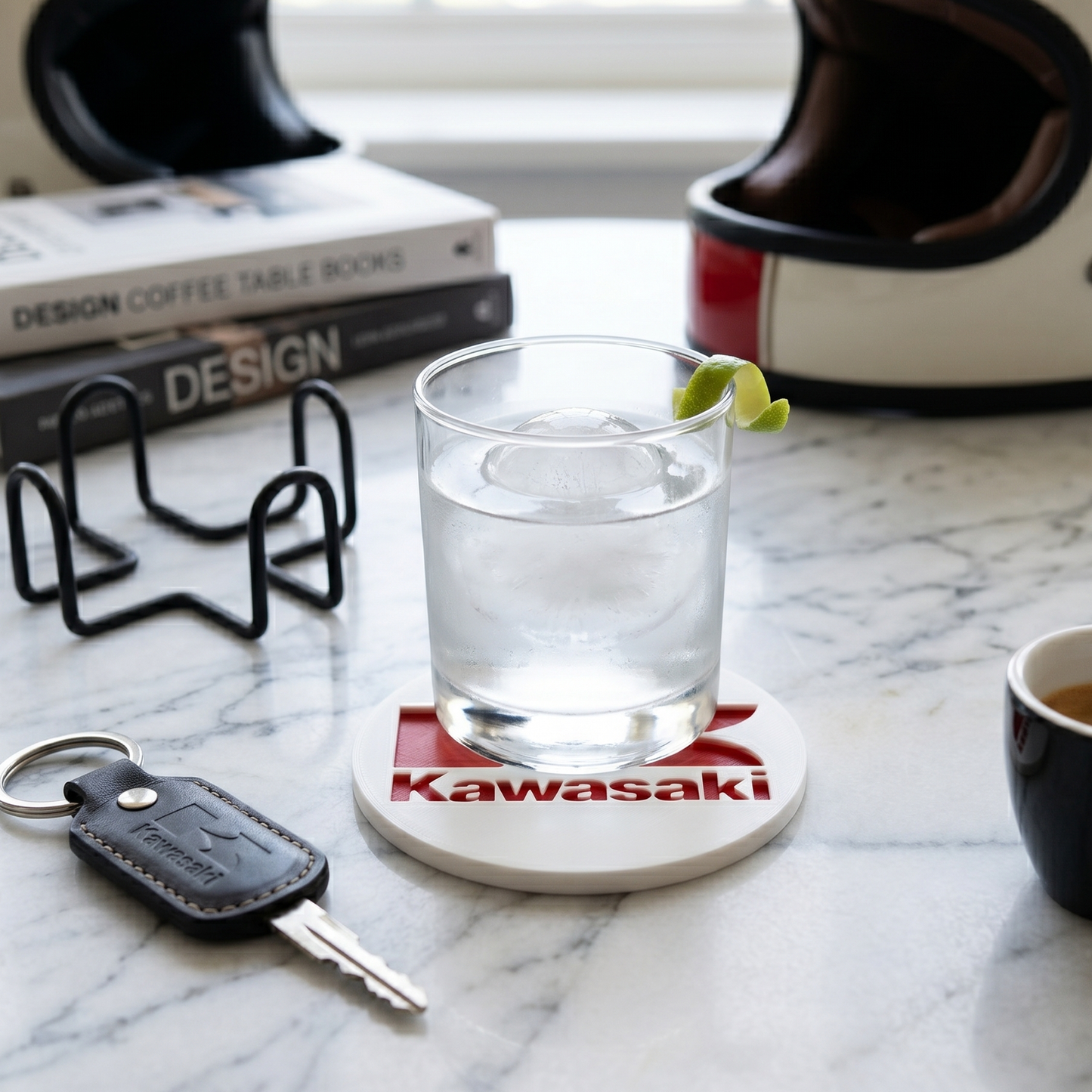 Kawasaki Custom 3D Logo Coaster – Personalized Pearl White & Racing Red