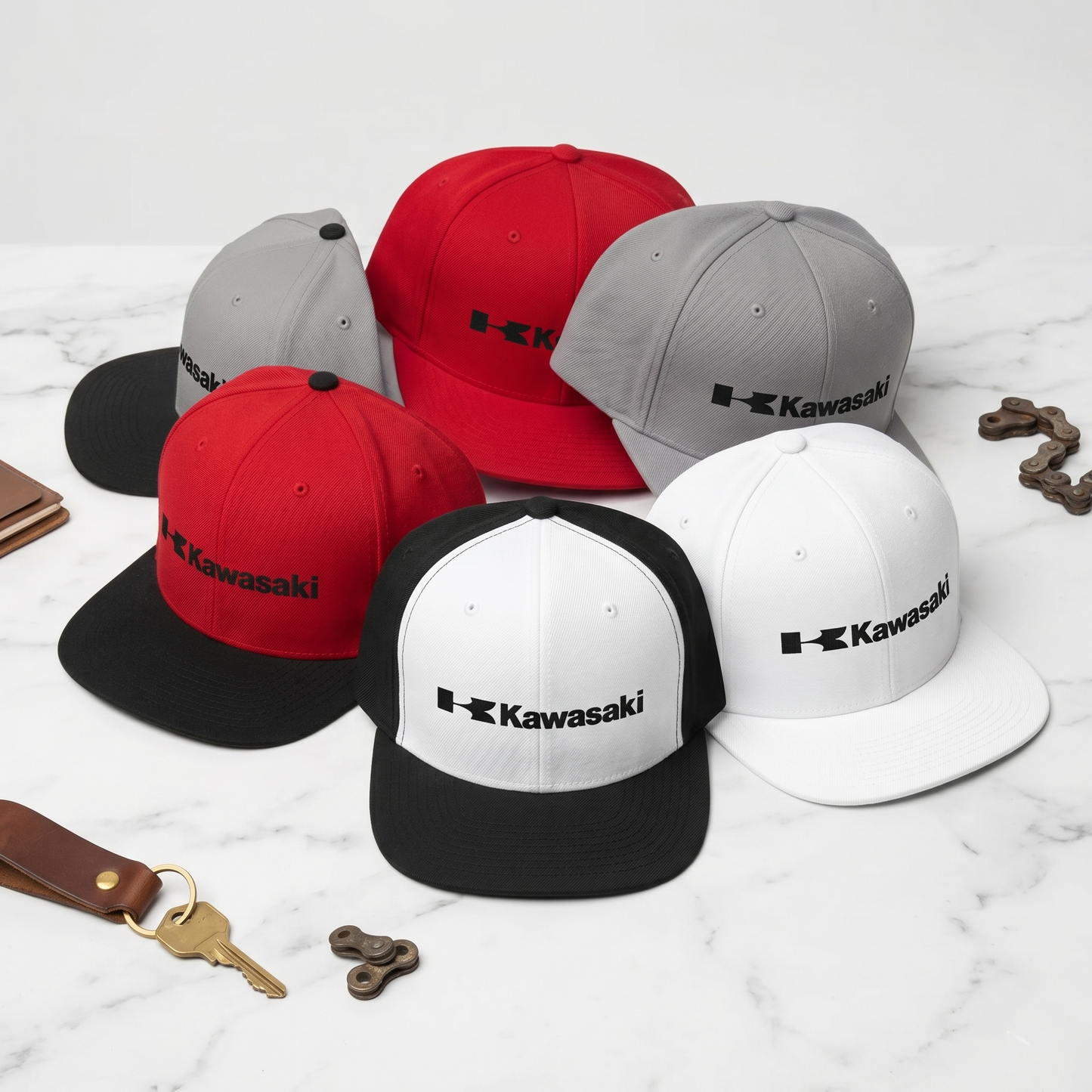 Kawasaki Logo Racing Snapback Hat – Retro Two-Tone Flat Bill Cap