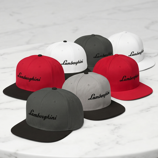 Lamborghini Vintage Script Snapback Hat – Classic Flat Bill Cap