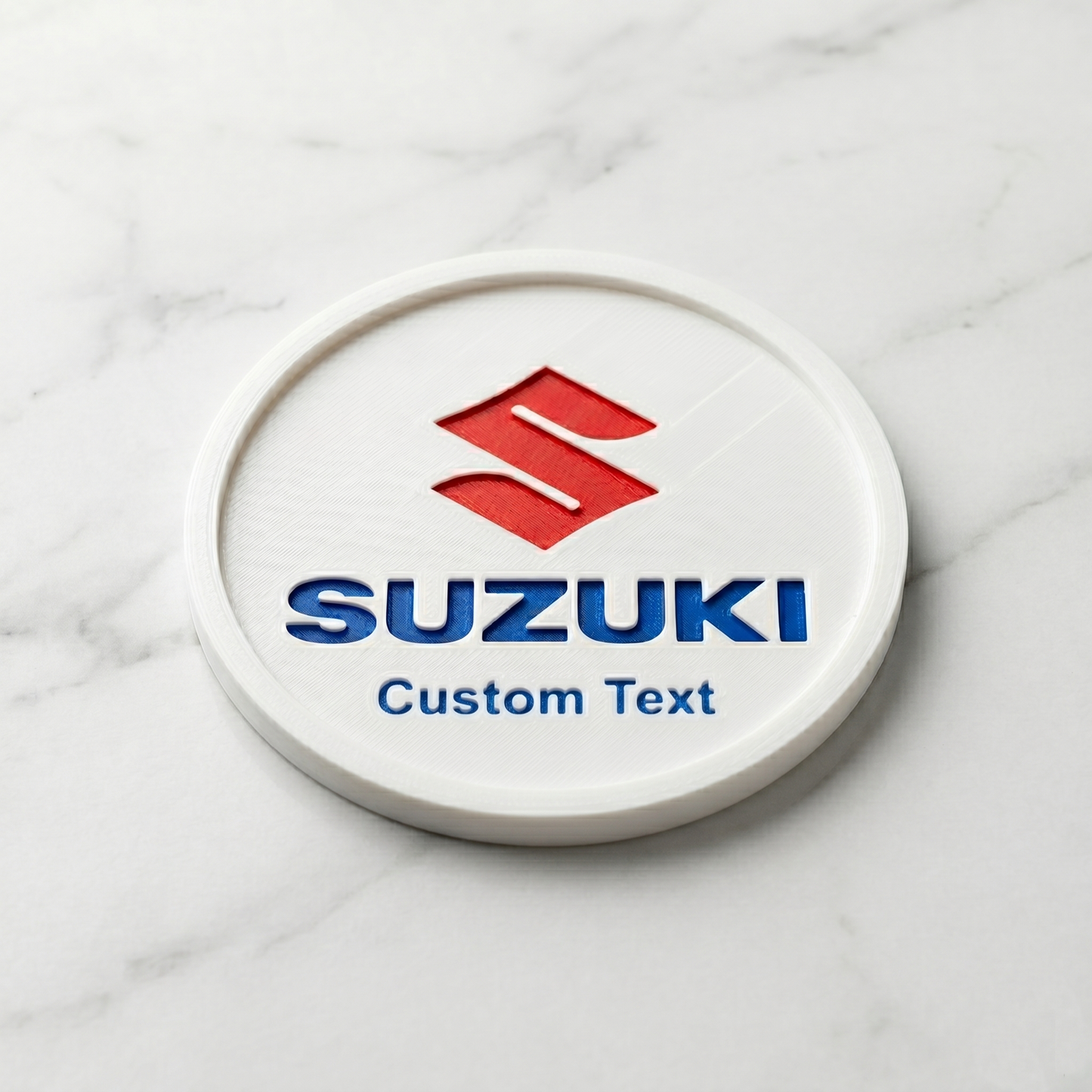 Suzuki Custom 3D Logo Coaster – Personalized Pearl White Edition