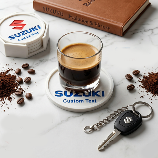 Suzuki Custom 3D Logo Coaster – Personalized Pearl White Edition