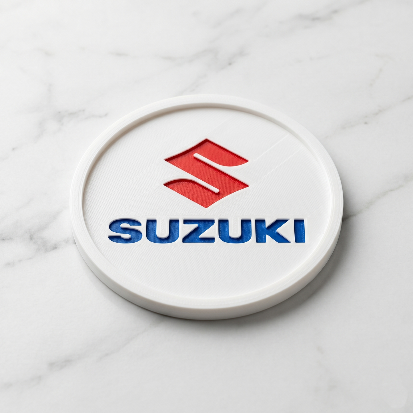 Suzuki Custom 3D Logo Coaster – Personalized Pearl White Edition