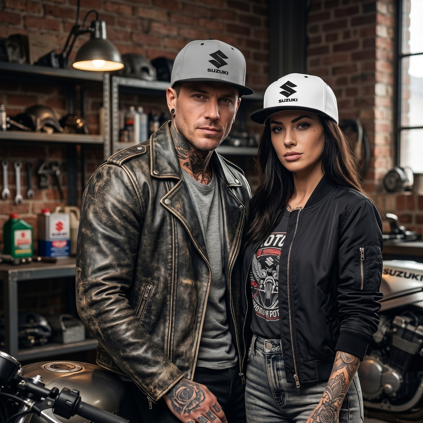 Suzuki Stacked "S" Logo Snapback Hat – Retro Two-Tone Flat Bill Cap