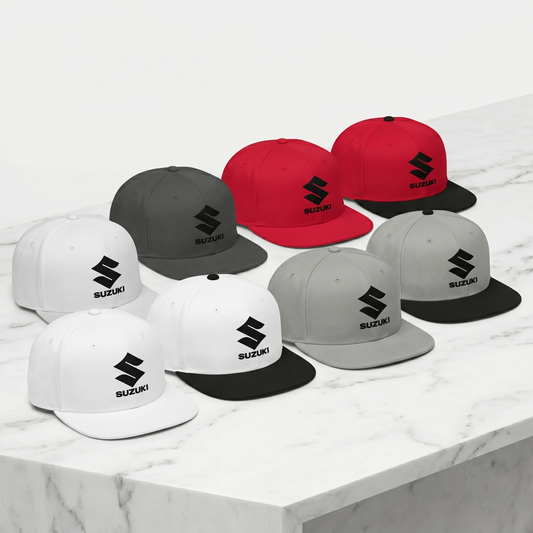 Suzuki Stacked "S" Logo Snapback Hat – Retro Two-Tone Flat Bill Cap
