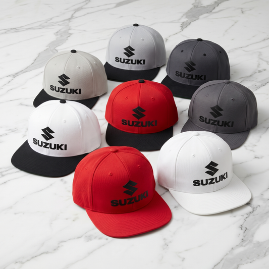 Suzuki Stacked "S" Logo Snapback Hat – Retro Two-Tone Flat Bill Cap