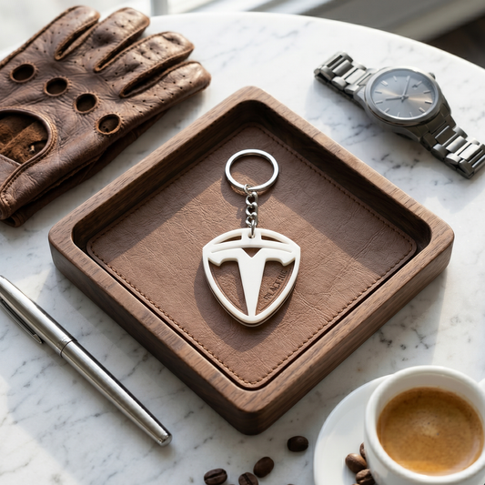 Tesla 3D Shield Keychain – Pearl White Edition