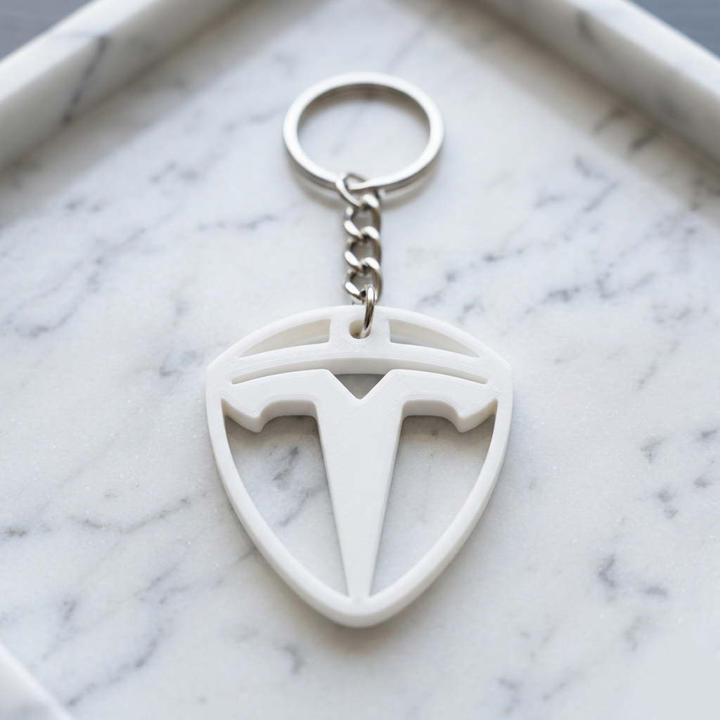 Tesla 3D Shield Keychain – Pearl White Edition