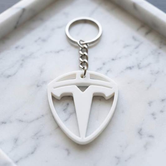 Tesla 3D Shield Keychain – Pearl White Edition